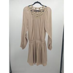 Ramy Brook Mini Dress‎ M Suede Lattice Cutout Studded Neck Long Sleeve Beige